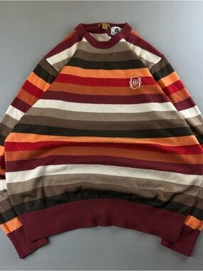 Striped Crewneck Sweater in Burgundy, Orange & Cream